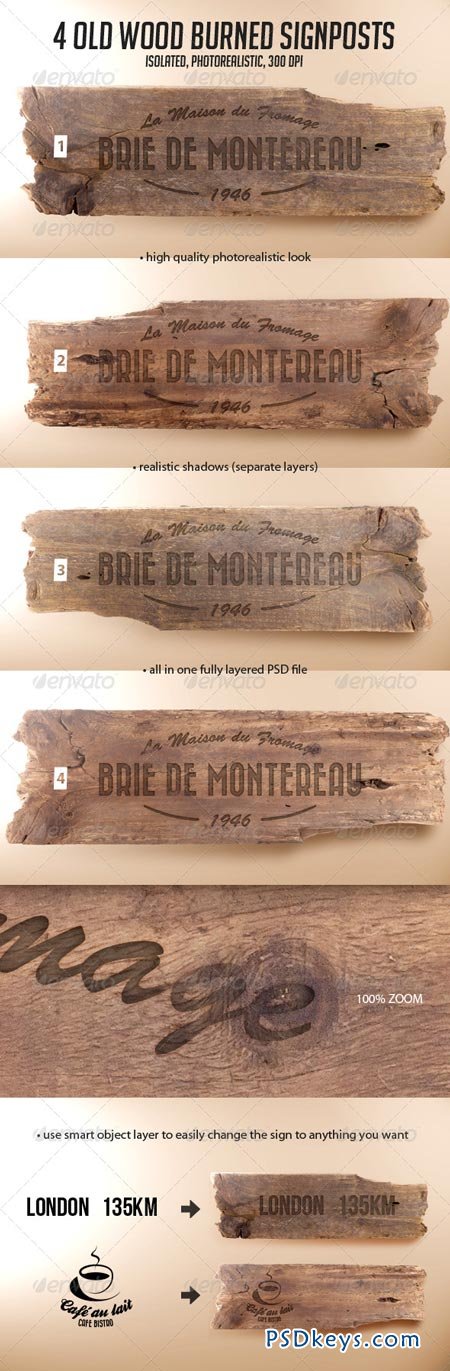 Download 4 Old Wood Burned Signposts Boards Isolated Mockup 6951364 ...