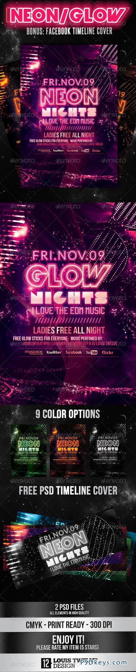 Neon Nights Glow Flyer + Facebook Cover 3332313