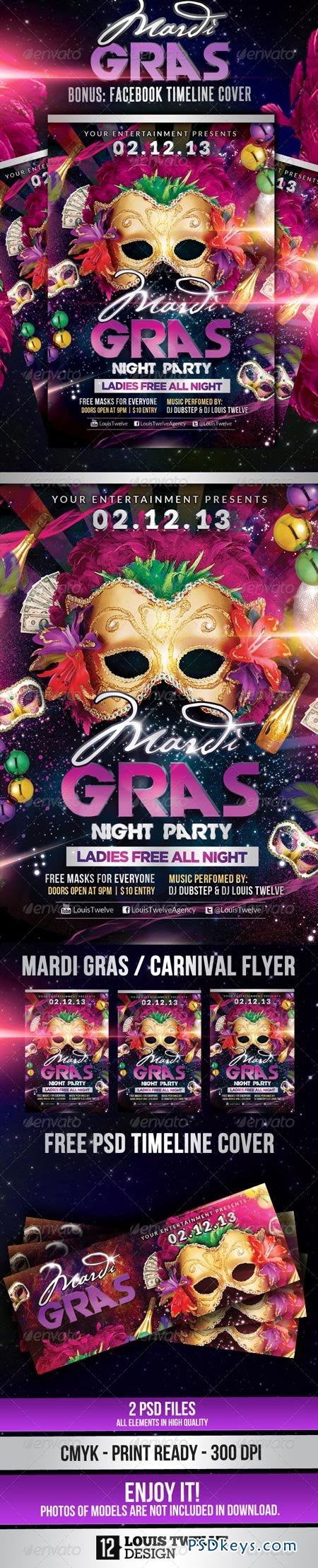 Mardi Gras Carnival Party Flyer + Fb Cover 3780329