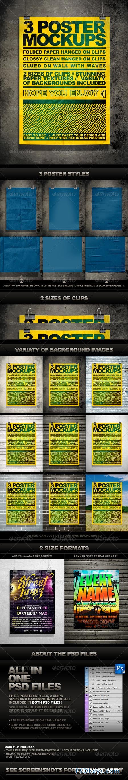 Download Poster Mock Up Kit = 3 Unique Styles + Backgrounds 246026 ... PSD Mockup Templates