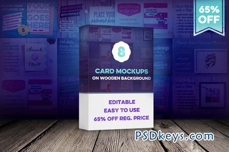 8 Card Mockups on Wooden Background 44006