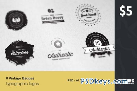 6 Vintage Typographic Logo Badges 51844