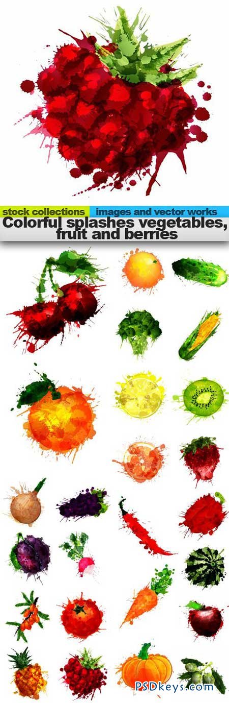 Colorful splashes vegetables, fruit and berries 25xEPS
