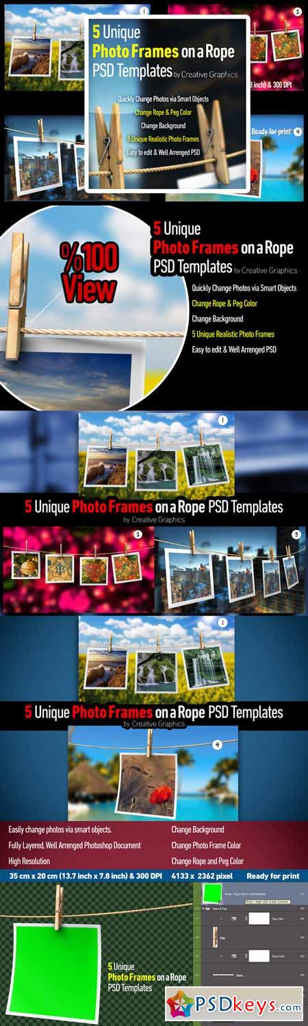 Photo Frames on a Rope PSD Mockup 225682