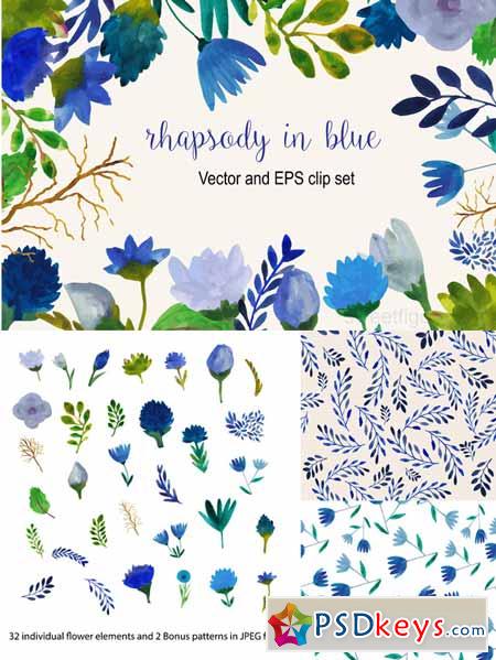 Watercolor blue flower vector set 222844
