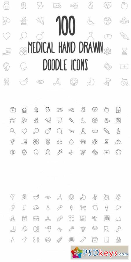 100 Medical Hand Drawn Doodle Icons 162969