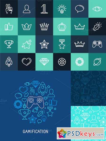 24 Linear Icons and seamless pattern 194268