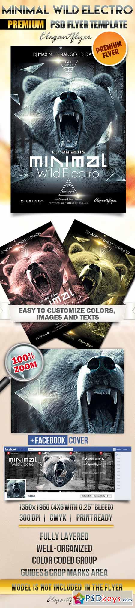 Minimal Wild Electro  Flyer PSD Template + Facebook Cover