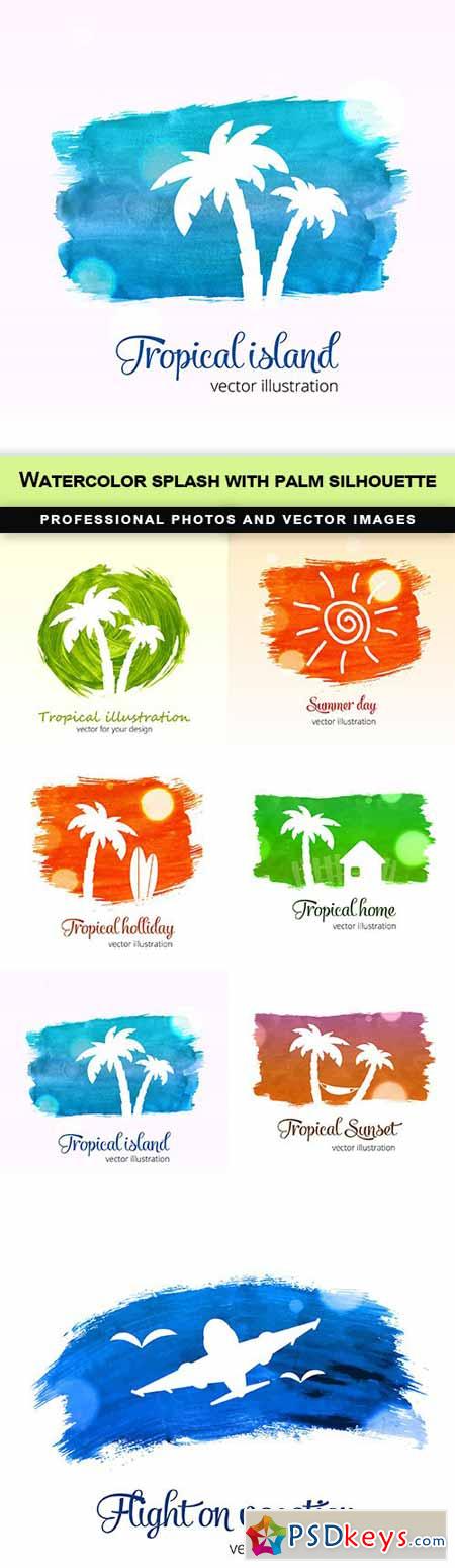 Watercolor splash with palm silhouette - 7 EPS