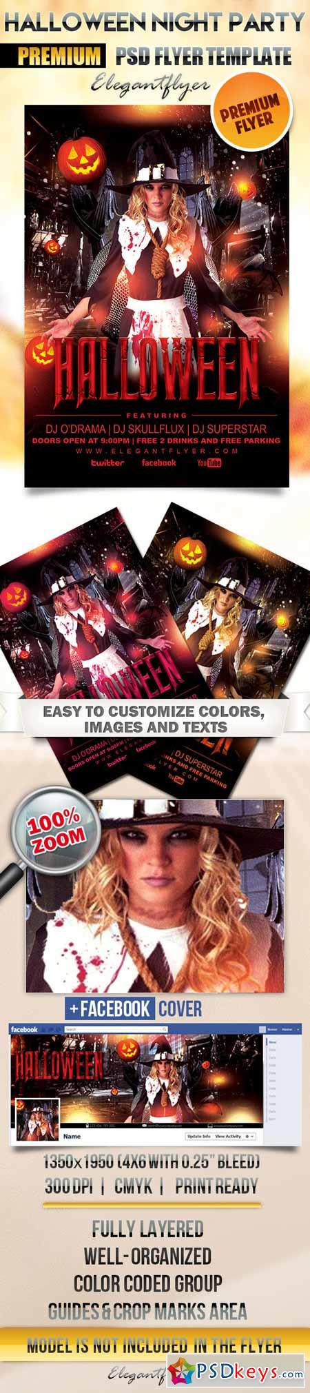 Halloween Night Party  Flyer PSD Template + Facebook Cover