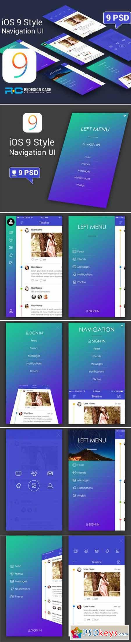 Flat iOS9 Style 9 Sidemenu Screens 414562