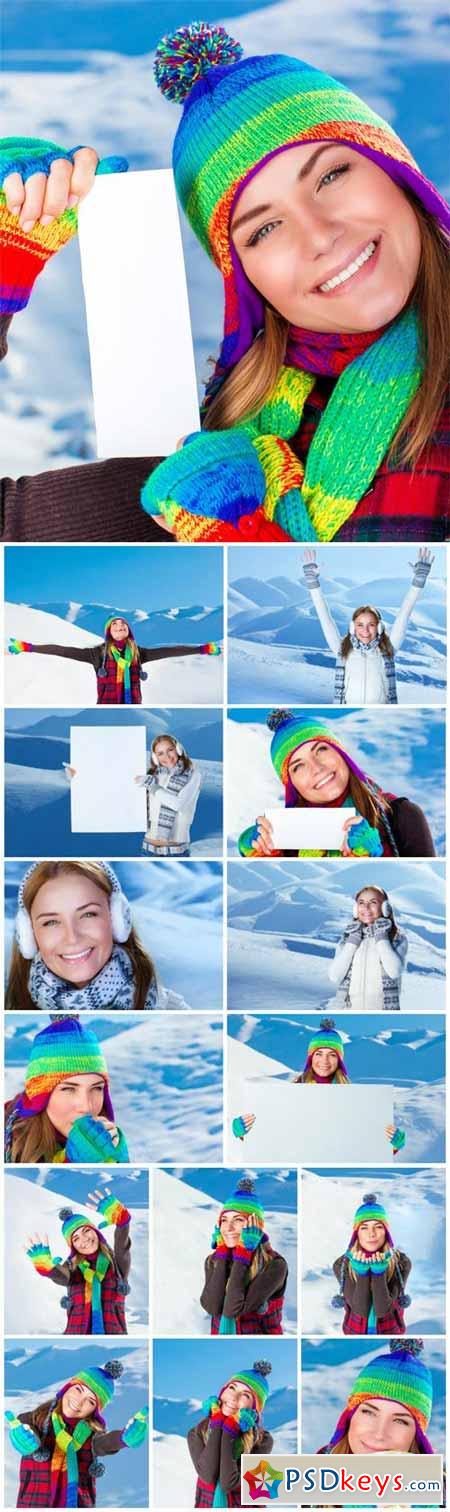 Girl enjoying snowy winter weather, christmas holidays in the mountains