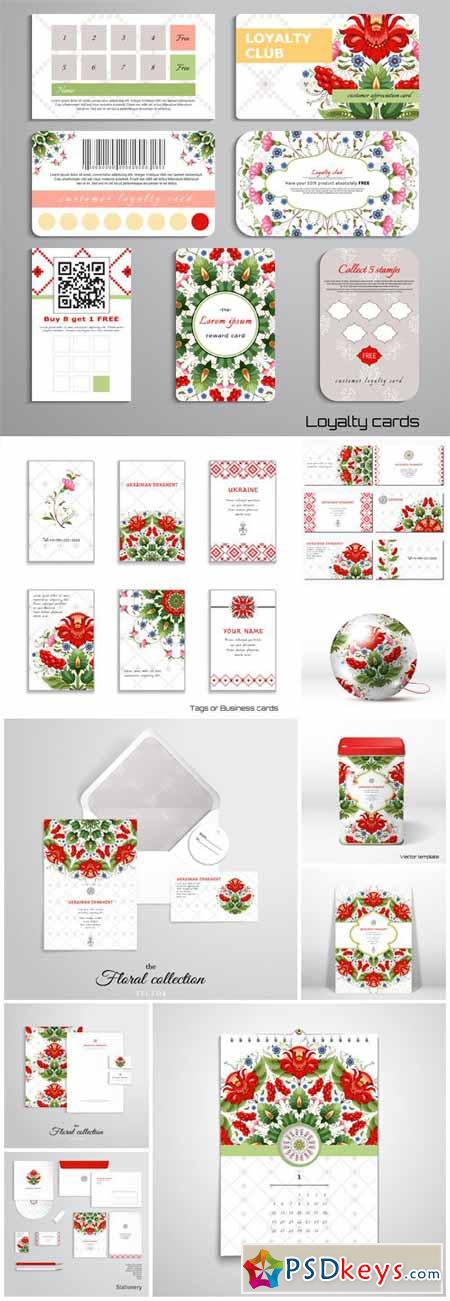 Set of loyalty cards, business cards, floral ukrainian pattern