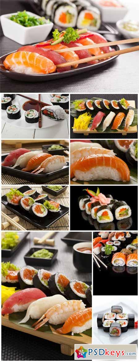 Sushi sets, rolls, sauce, wasabi