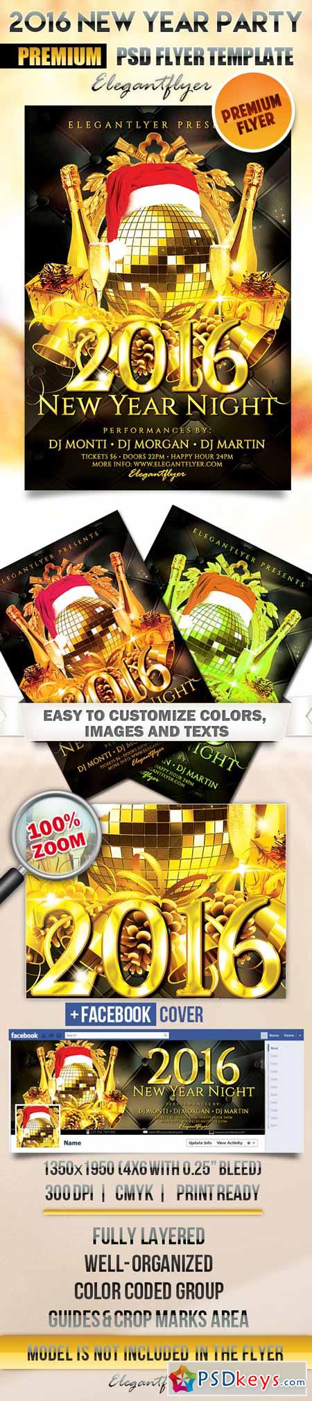 2016 New Year Party  Flyer PSD Template + Facebook Cover