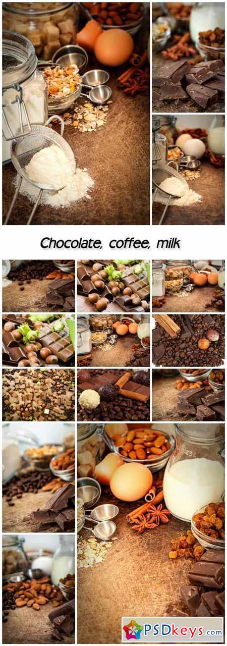 Chocolate, coffee, milk