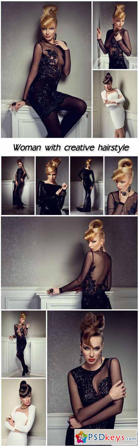 Beautiful blonde woman with creative hairstyle wearing evening dress