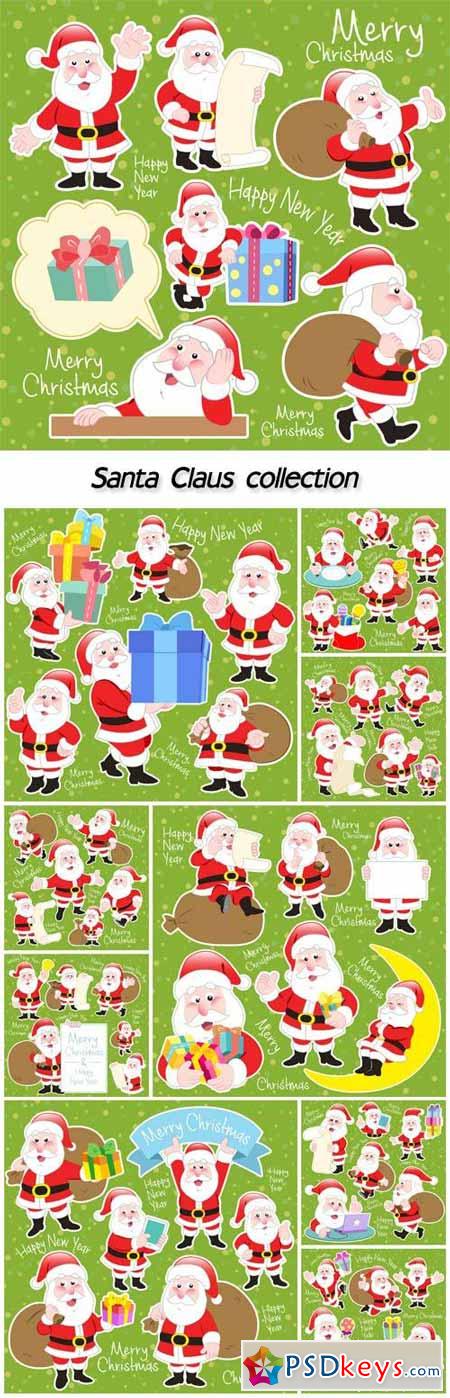 Cute cartoon Santa Claus collection on green background