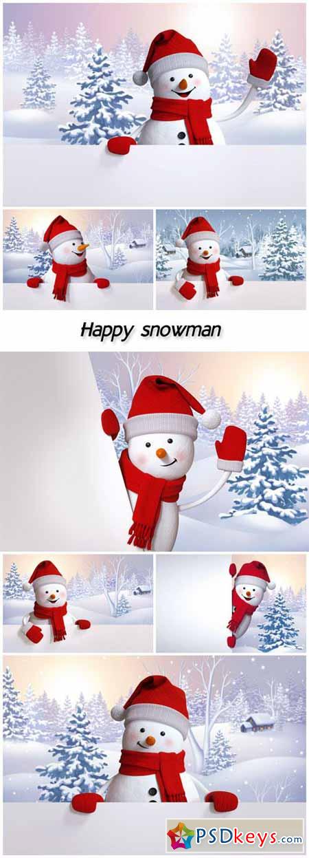 Happy snowman holding blank banner, snowy forest