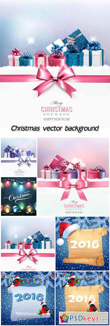 Vector Christmas background with gifts, posters bullfinches