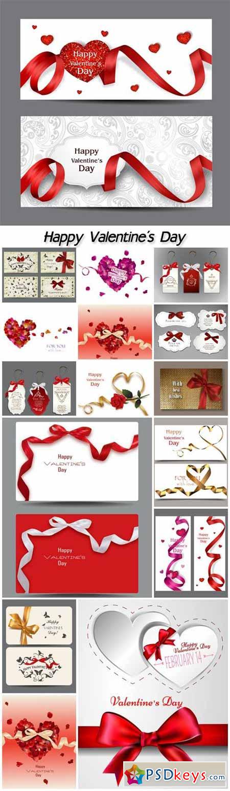 Set of Valentine's cards with silk red bows and butterflies