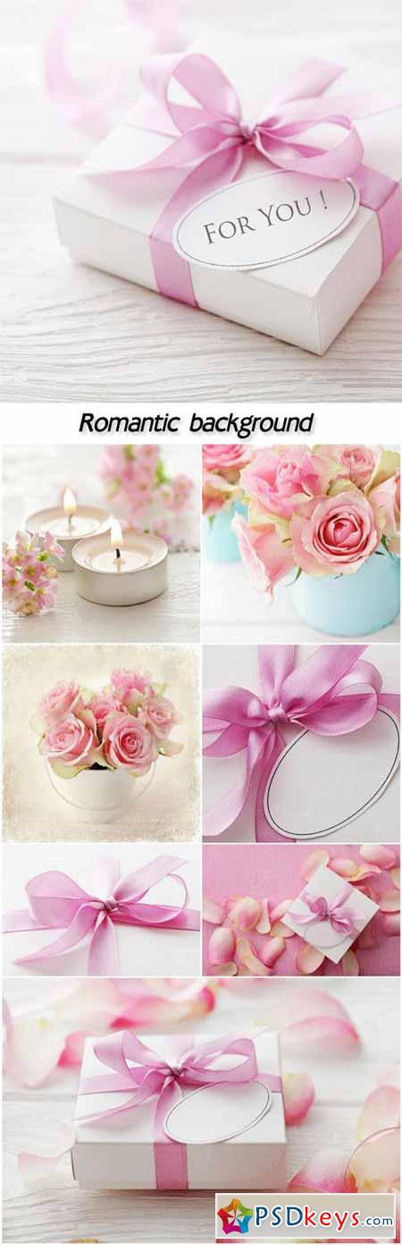 Romantic background with roses, candles and gift boxes