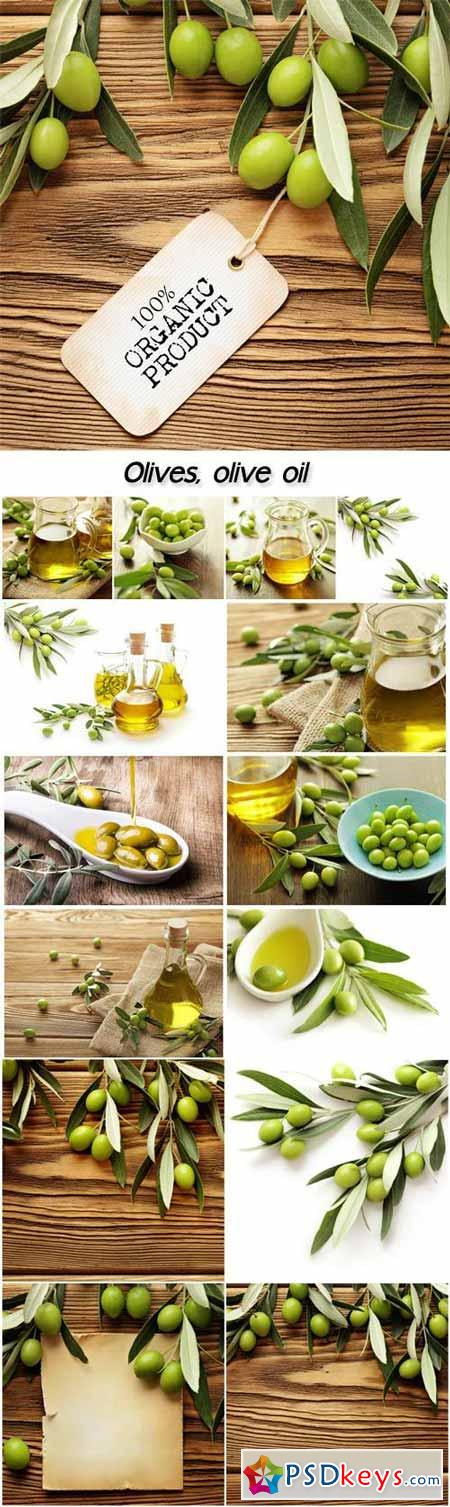 Olives, olive oil and sprigs with olives