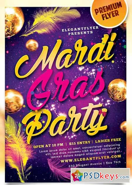 Mardi Gras Party Flyer PSD Template + Facebook Cover