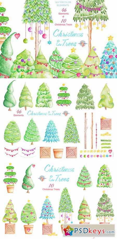 Christmas & Trees Watercolor Clipart 480349