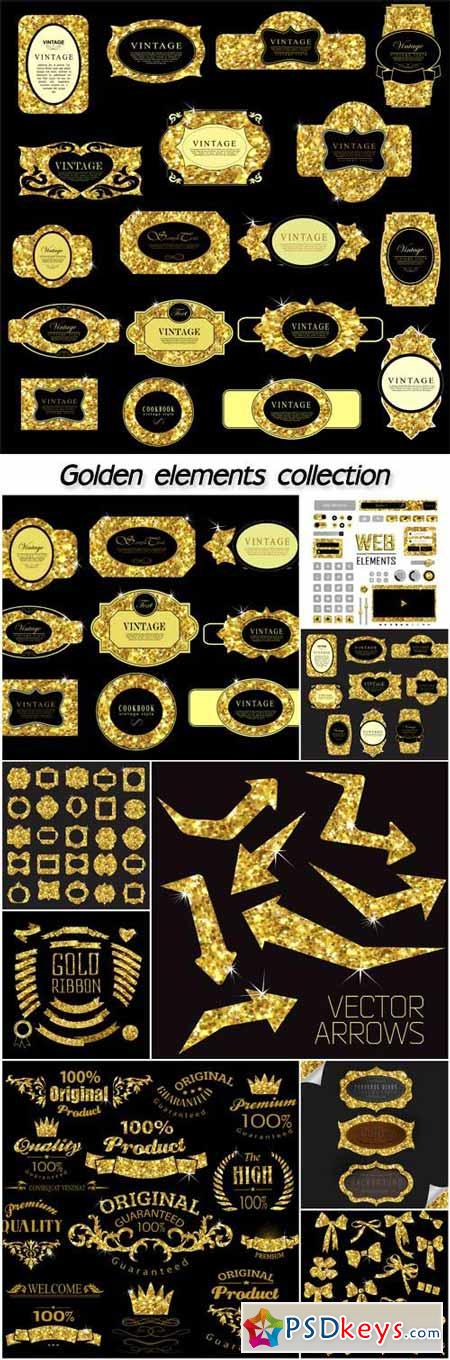 Label and frame of gold glittering stars, golden elements collection