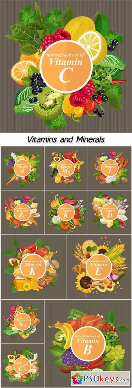 Groups of healthy fruit, vegetables, meat, fish and dairy products containing specific vitamins