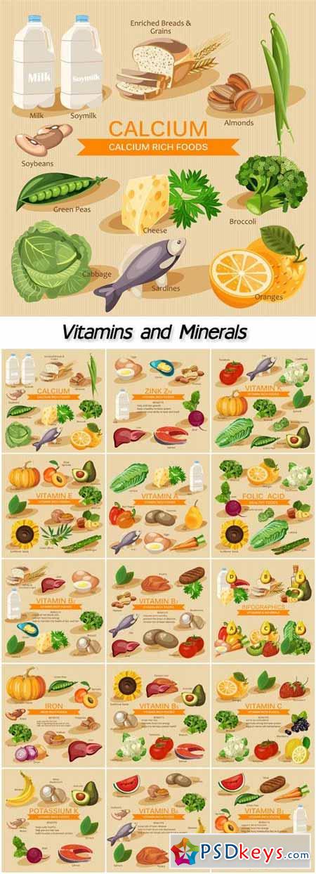 Vitamins and minerals, foods illustration