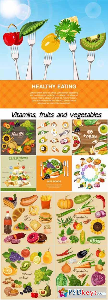 Vitamins, fruits and vegetables vector, food