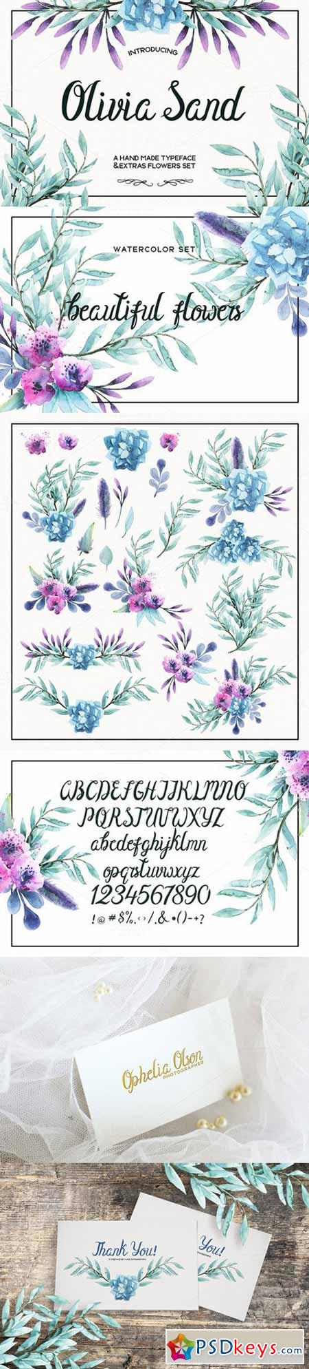 Olivia Sand Typeface & Flowers set 494943
