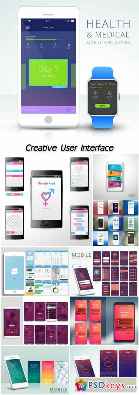 Creative user interface kit with different mobile application screens presentation