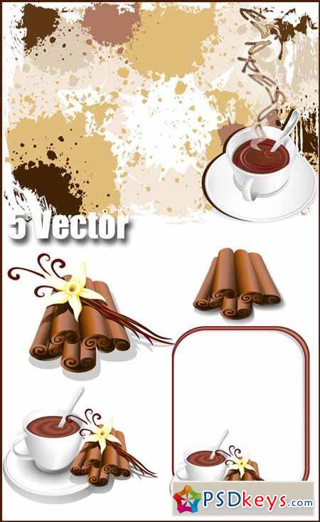 Cinnamon and cup of coffee in the vector