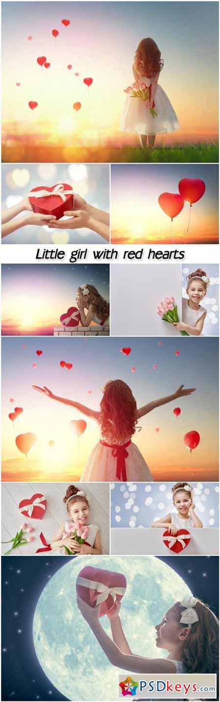 Little girl with red hearts and flowers