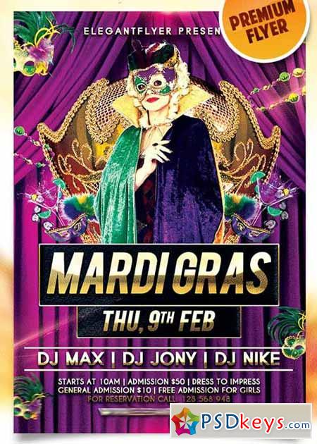 Mardi Gras Night  Flyer PSD Template + Facebook Cover