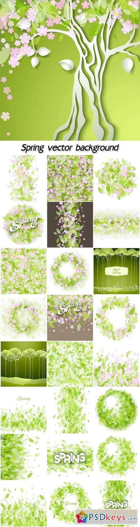 Spring vector background with green leaves and flowers