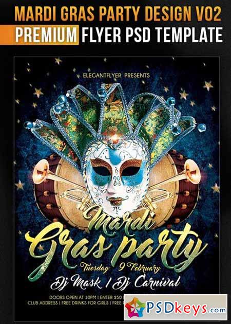 Mardi Gras Party Design V02 Flyer PSD Template + Facebook Cover