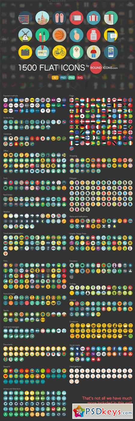 1500 Flat Icons Ai, PSD, SVG, PNG 18882