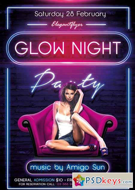 Glow Night Party Flyer PSD Template + Facebook Cover