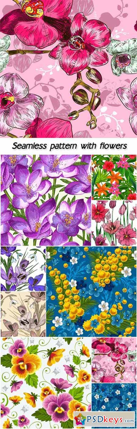 Seamless pattern with flowers, crocus, violets, forget-me, orchid