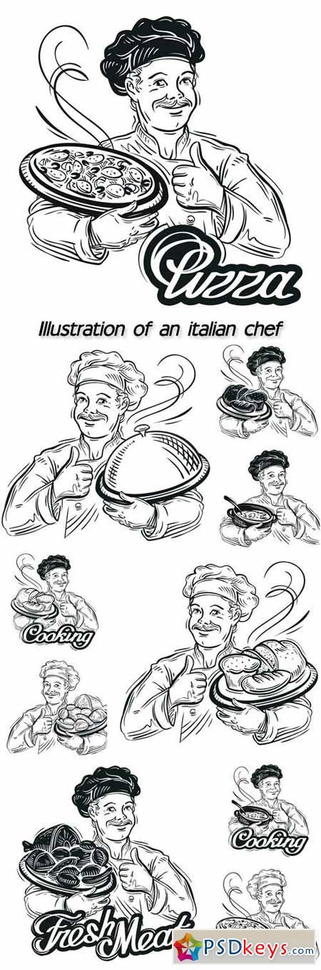 Illustration of an italian chef with a freshly baked pizza