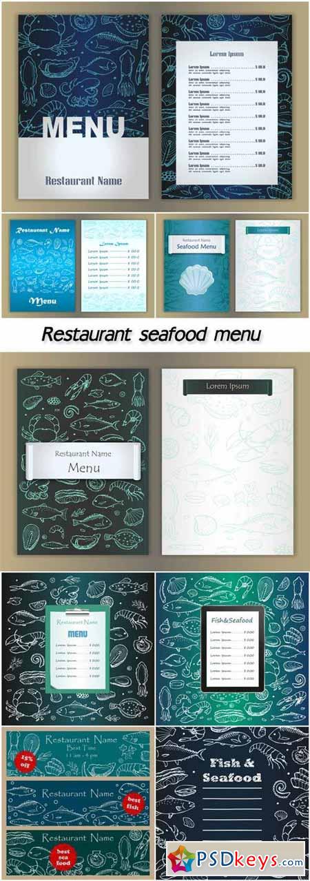 Restaurant seafood menu with hand drawn doodle element