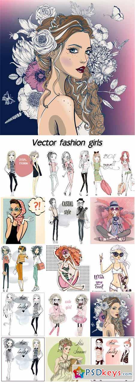 Vector fashion girls, beautiful woman with flowers
