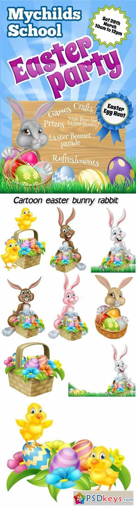 Cartoon easter bunny rabbit, chicks and easter eggs
