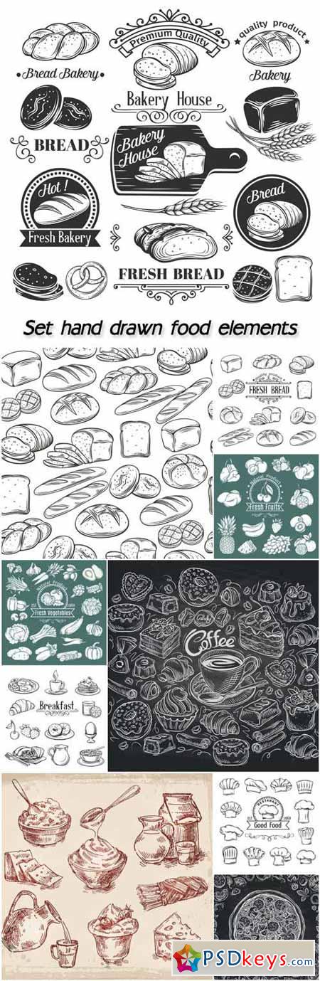Set hand drawn food elements, vegetables, fruit, bread