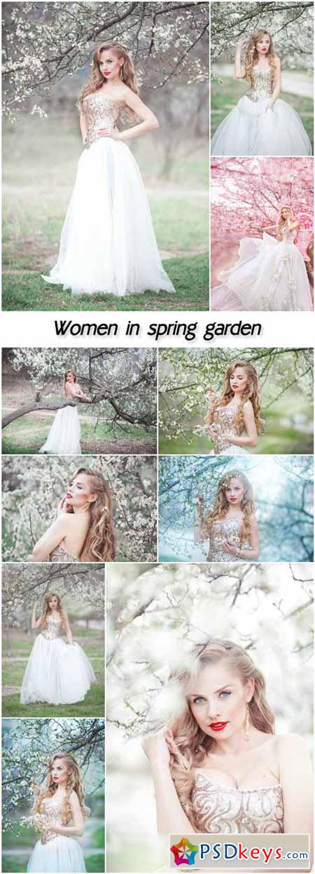 Women in spring flowering garden