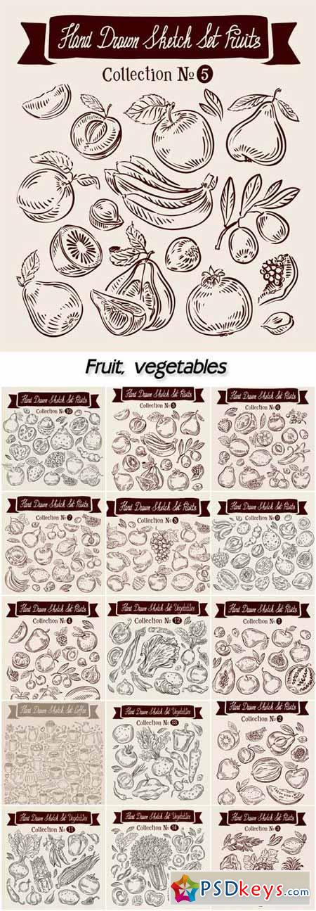 Fruit, vegetables, hand drawn vector sketch set food